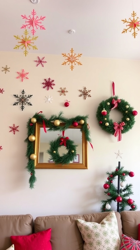 A festive living room with DIY Christmas wall decorations including paper snowflakes, a garland, and a wreath.